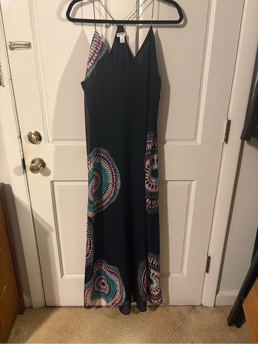 Old Navy Navy Maxi Dress with Teal Pink and Cream Mandala Print